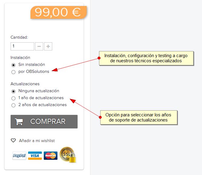 Opciones de instalaciónes y actualizaciones de módulos prestashop